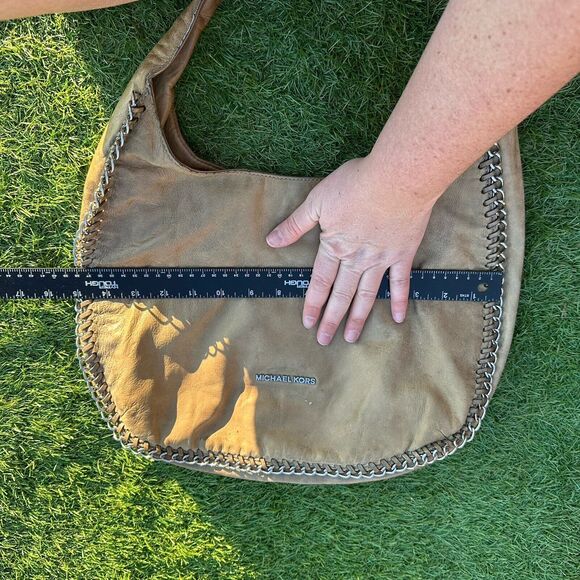 Michael Michael Kors Purse Leather Hobo Taupe Braided Chain Shoulder Bag - Picture 16 of 16